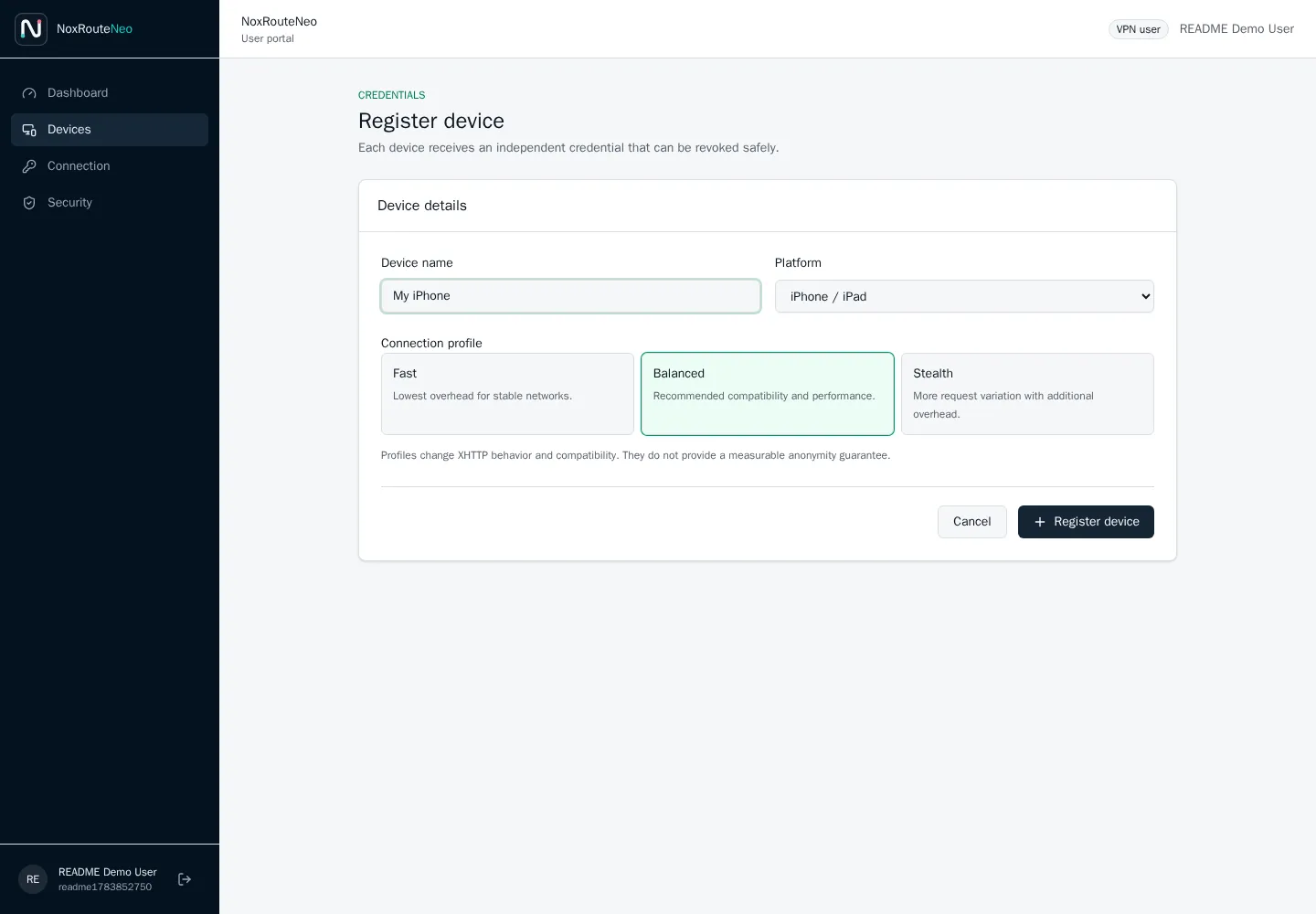 Registering an iPhone with the Balanced connection profile in NoxRouteNeo