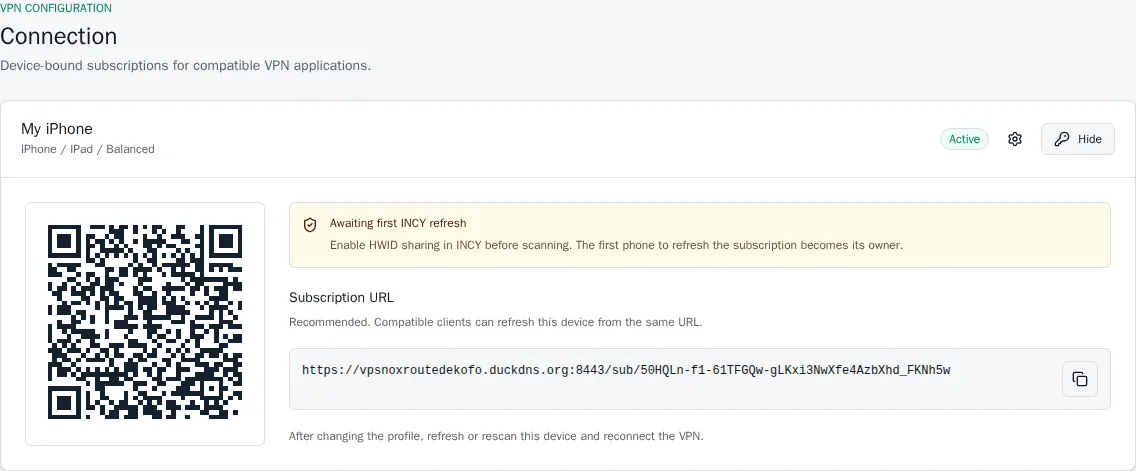 Device-bound INCY subscription QR code and URL in the NoxRouteNeo user portal
